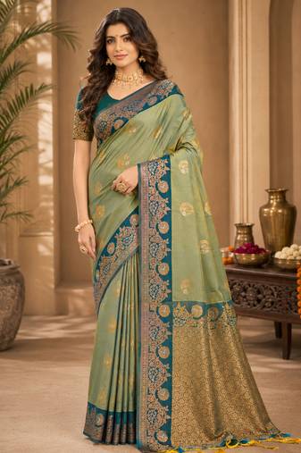 Sangam prints pastel pistachio green soft silk blend woven work traditional saree