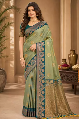 Sangam prints pastel pistachio green soft silk blend woven work traditional saree