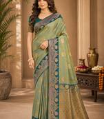 Sangam prints pastel pistachio green soft silk blend woven work traditional saree