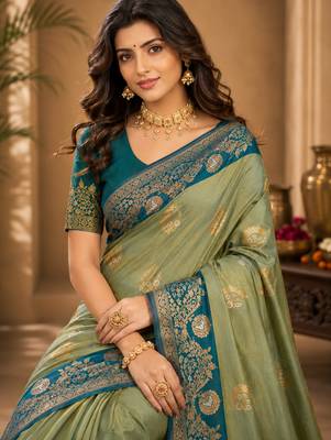 Sangam prints pastel pistachio green soft silk blend woven work traditional saree 2