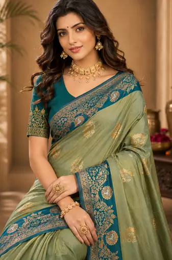 Sangam prints pastel pistachio green soft silk blend woven work traditional saree