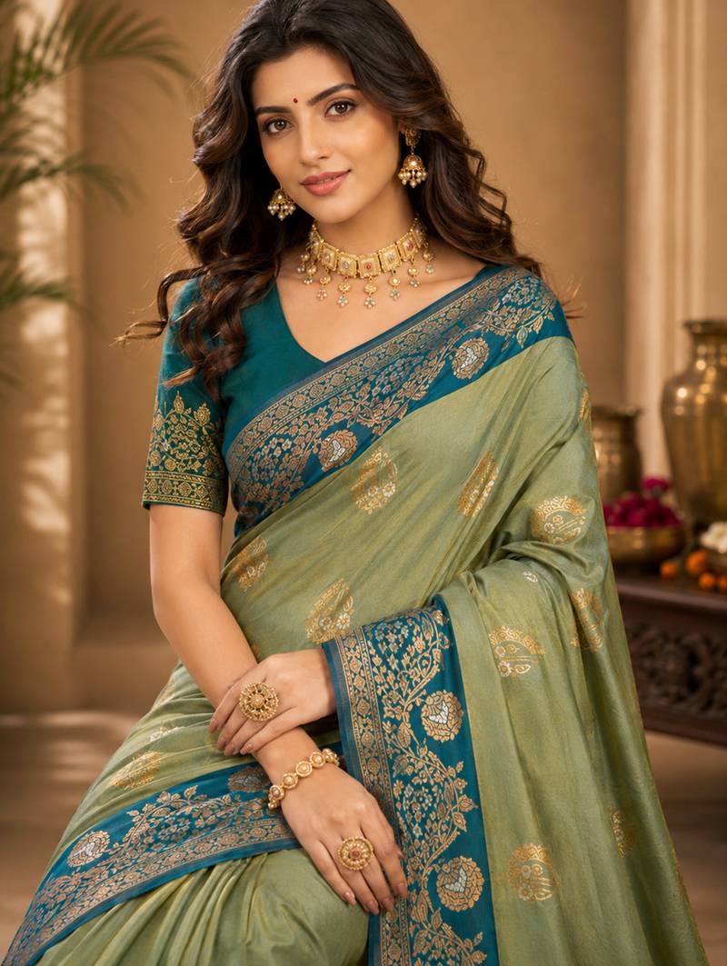 Sangam prints pastel pistachio green soft silk blend woven work traditional saree