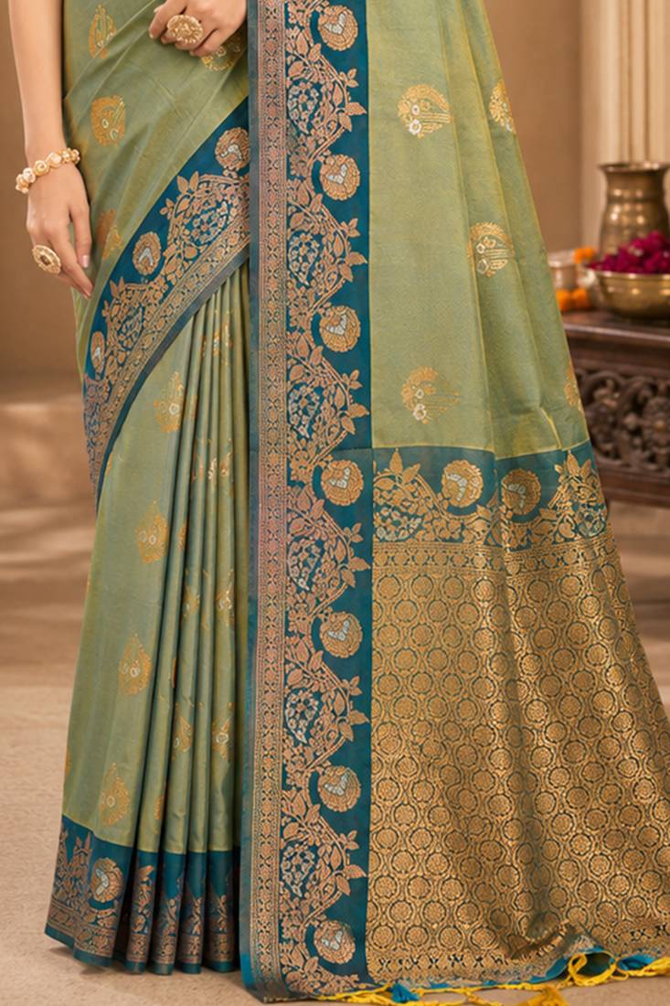 Sangam prints pastel pistachio green soft silk blend woven work traditional saree