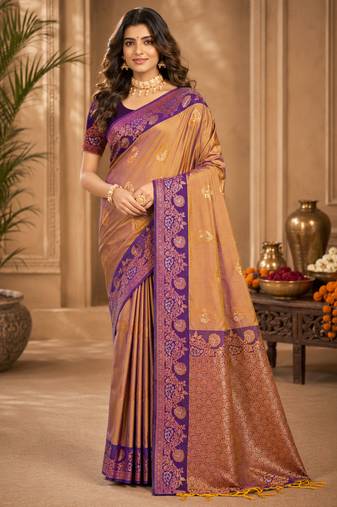 Sangam prints mauve gold soft silk blend woven work traditional saree
