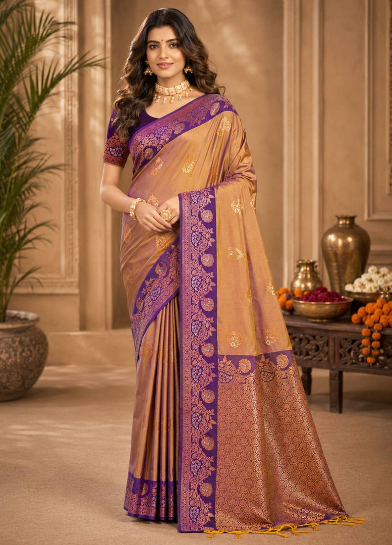 Sangam prints mauve gold soft silk blend woven work traditional saree