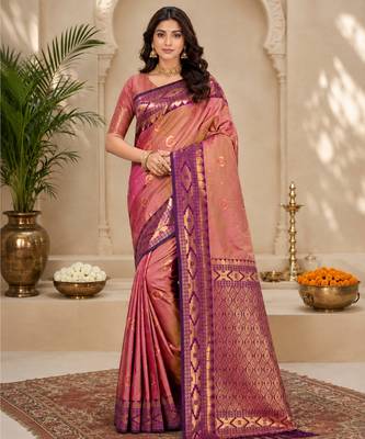 Sangam prints rose gold pink soft silk blend woven work traditional saree 1