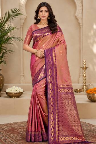 Sangam prints rose gold pink soft silk blend woven work traditional saree