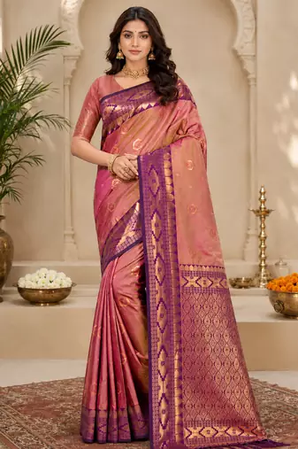 Sangam prints rose gold pink soft silk blend woven work traditional saree
