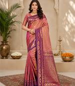 Sangam prints rose gold pink soft silk blend woven work traditional saree