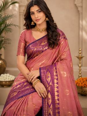 Sangam prints rose gold pink soft silk blend woven work traditional saree 2