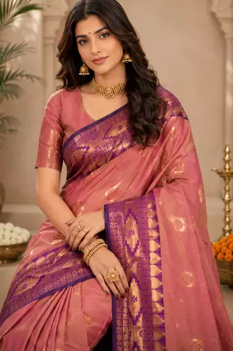 Sangam prints rose gold pink soft silk blend woven work traditional saree