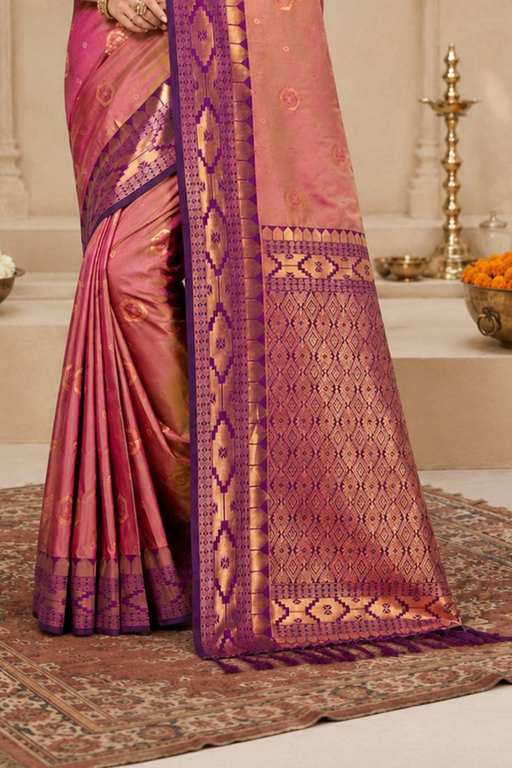Sangam prints rose gold pink soft silk blend woven work traditional saree