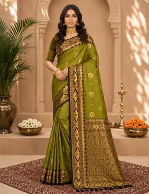 Sangam prints mehandi green soft silk blend woven work traditional saree 1