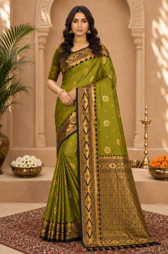 Sangam prints mehandi green soft silk blend woven work traditional saree