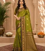 Sangam prints mehandi green soft silk blend woven work traditional saree