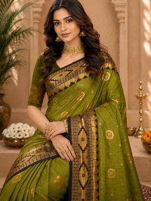 Sangam prints mehandi green soft silk blend woven work traditional saree 2