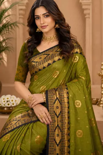 Sangam prints mehandi green soft silk blend woven work traditional saree