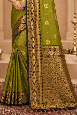 Sangam prints mehandi green soft silk blend woven work traditional saree 3
