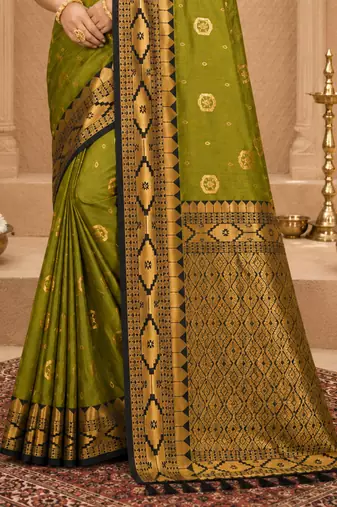 Sangam prints mehandi green soft silk blend woven work traditional saree