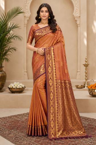 Sangam prints copper gold soft silk blend woven work traditional saree