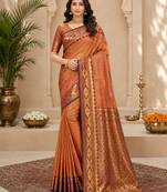 Sangam prints copper gold soft silk blend woven work traditional saree