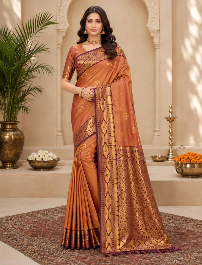 Sangam prints copper gold soft silk blend woven work traditional saree