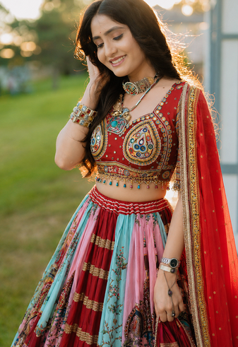 Red Mirror With Lampi Lace Borders & Fancy Lace Lines Cotton Lahenga Choli Set