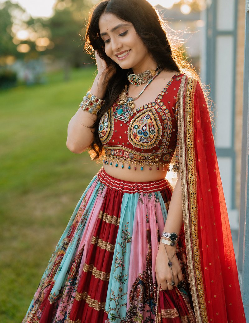 Red Mirror With Lampi Lace Borders & Fancy Lace Lines Cotton Lahenga Choli Set
