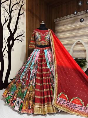 Red Mirror With Lampi Lace Borders & Fancy Lace Lines Cotton Lahenga Choli Set 5