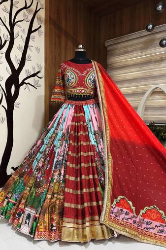 Red Mirror With Lampi Lace Borders & Fancy Lace Lines Cotton Lahenga Choli Set
