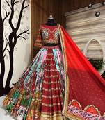 Red Mirror With Lampi Lace Borders & Fancy Lace Lines Cotton Lahenga Choli Set