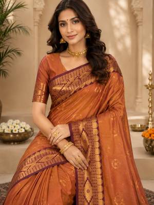Sangam prints copper gold soft silk blend woven work traditional saree 2