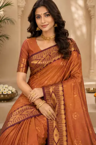 Sangam prints copper gold soft silk blend woven work traditional saree