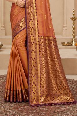 Sangam prints copper gold soft silk blend woven work traditional saree 3