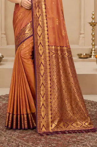 Sangam prints copper gold soft silk blend woven work traditional saree