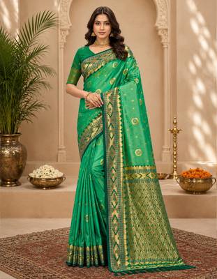 Sangam prints emerald green soft silk blend woven work traditional saree 1