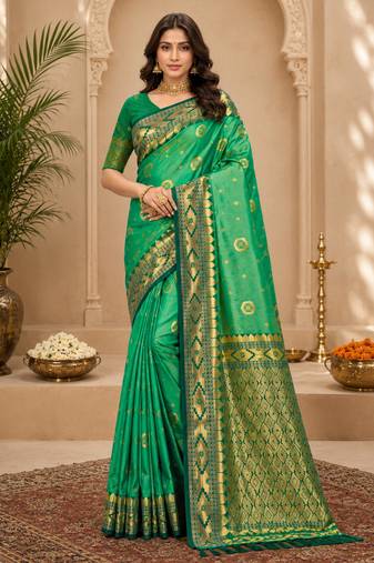 Sangam prints emerald green soft silk blend woven work traditional saree