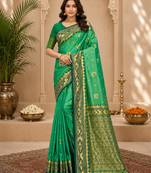 Sangam prints emerald green soft silk blend woven work traditional saree
