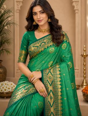 Sangam prints emerald green soft silk blend woven work traditional saree 2