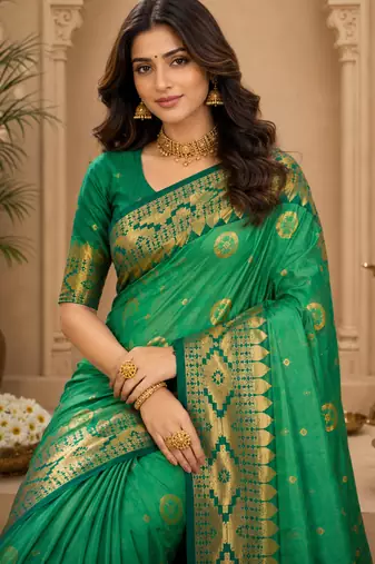 Sangam prints emerald green soft silk blend woven work traditional saree
