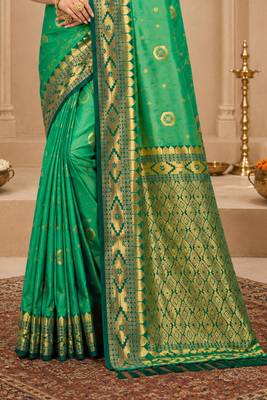 Sangam prints emerald green soft silk blend woven work traditional saree 3