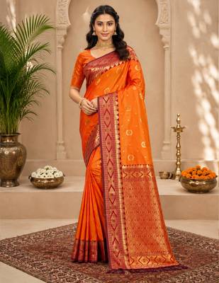 Sangam prints bright orange soft silk blend woven work traditional saree 1