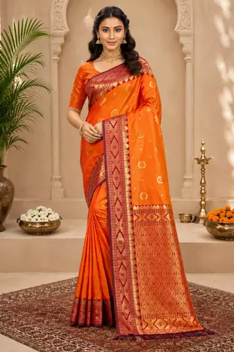 Sangam prints bright orange soft silk blend woven work traditional saree
