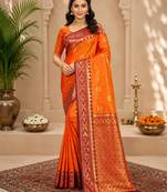 Sangam prints bright orange soft silk blend woven work traditional saree