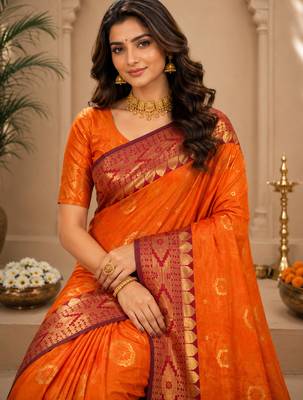 Sangam prints bright orange soft silk blend woven work traditional saree 2