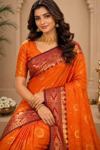 Sangam prints bright orange soft silk blend woven work traditional saree