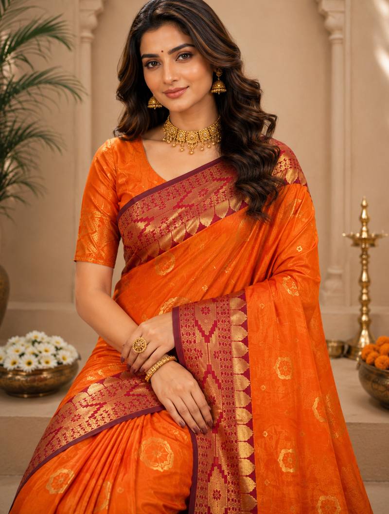 Sangam prints bright orange soft silk blend woven work traditional saree