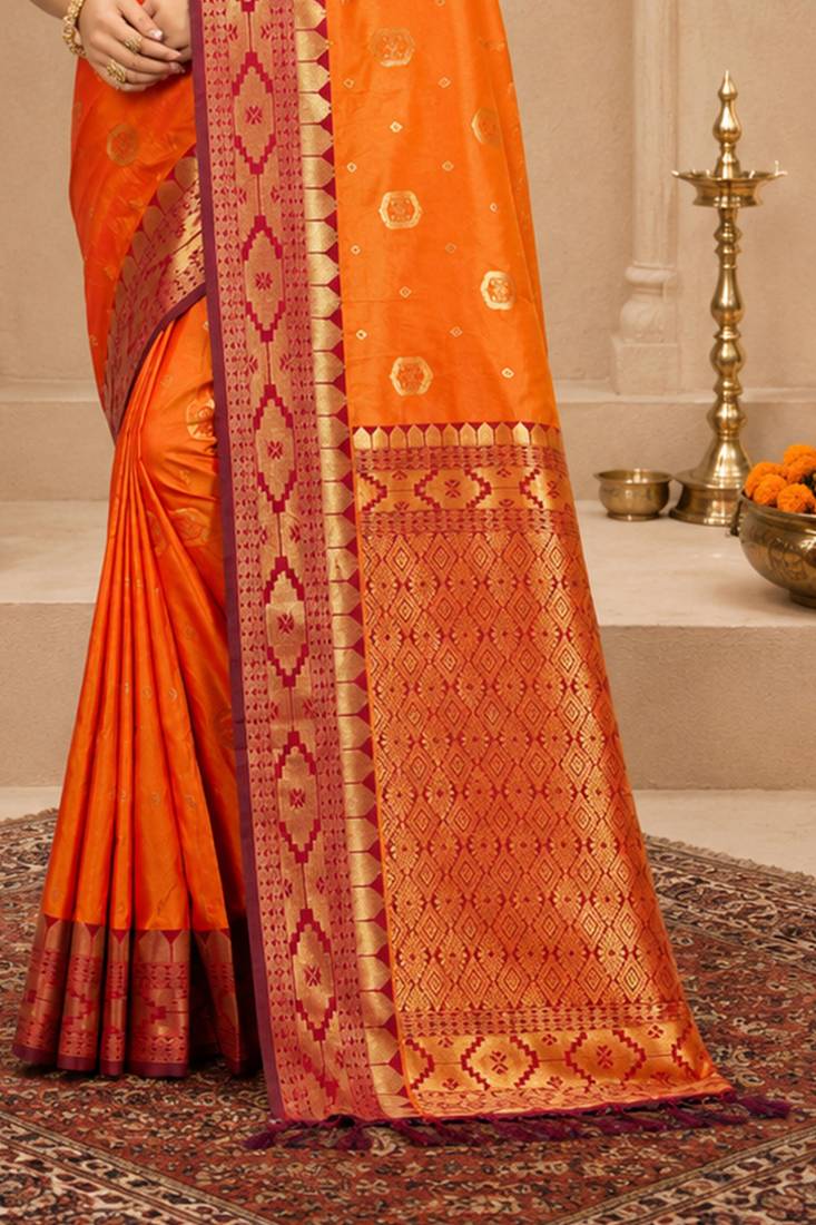 Sangam prints bright orange soft silk blend woven work traditional saree