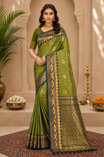Sangam prints olive green soft silk blend woven work traditional saree
