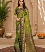 Sangam prints olive green soft silk blend woven work traditional saree